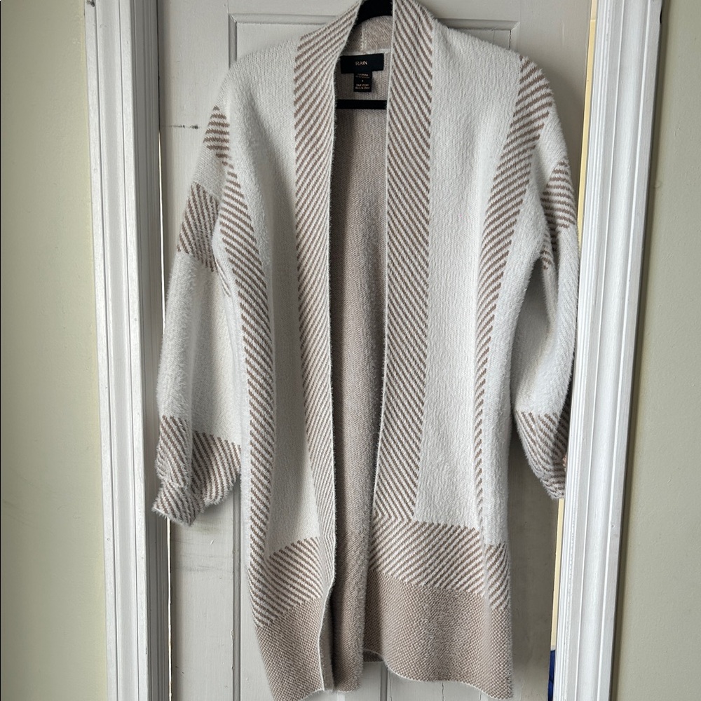 Cozy Striped Open-Front Cardigan - White and Tan